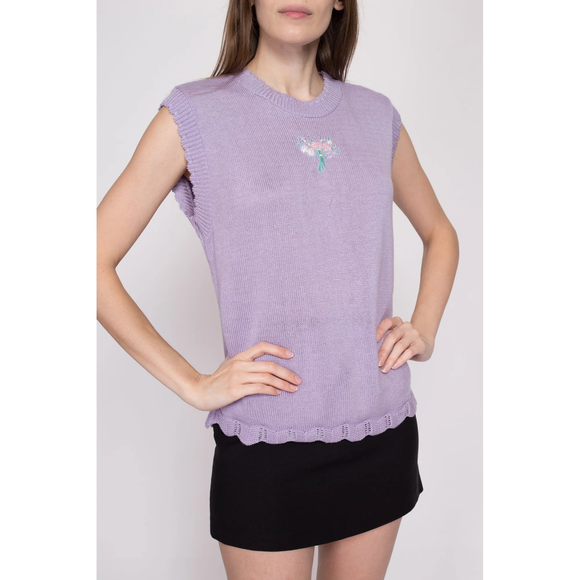 80s Lilac Purple Floral Sweater Vest - Medium