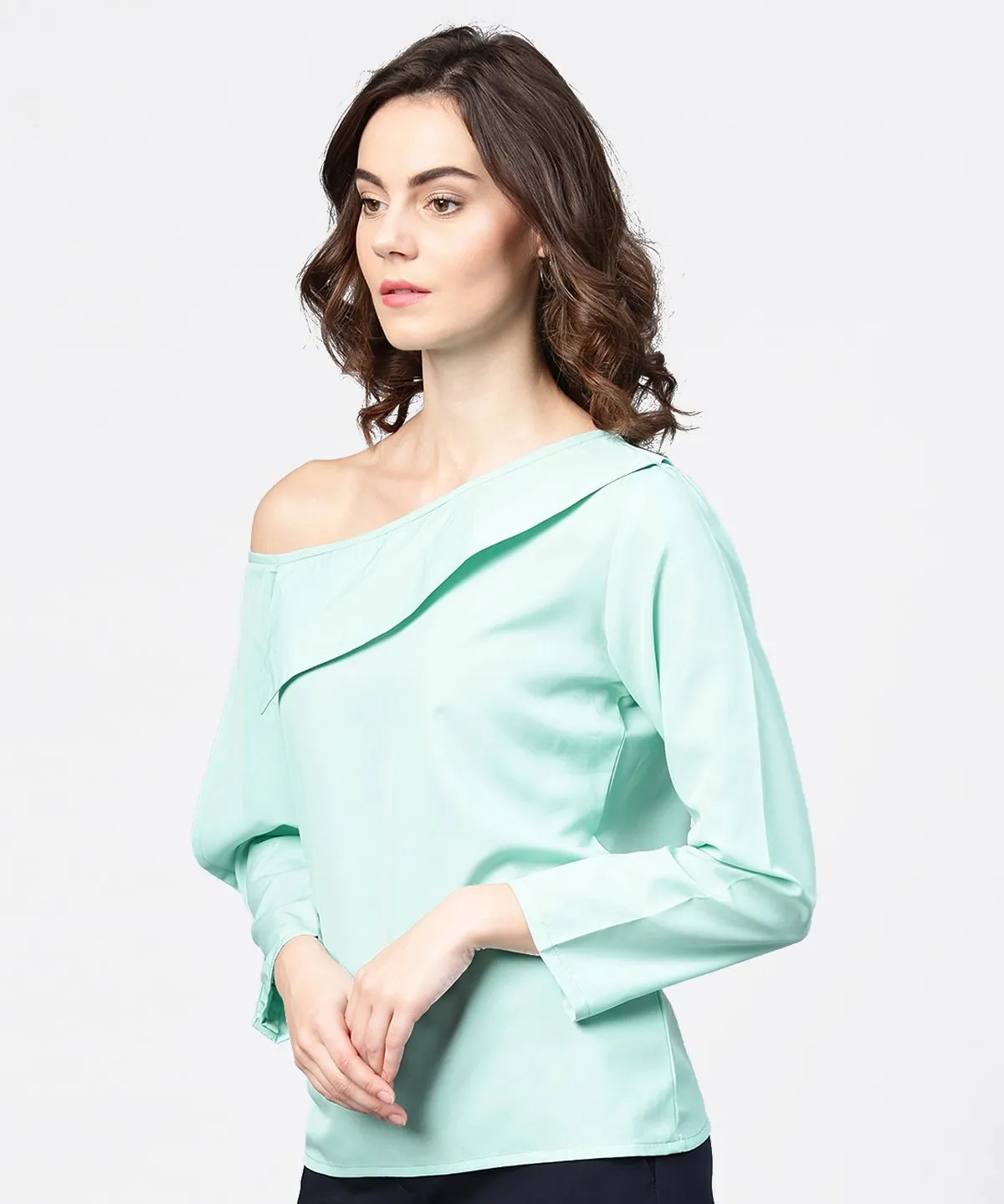 Aqua Blue Full Sleeve One Side Shoulder Tops