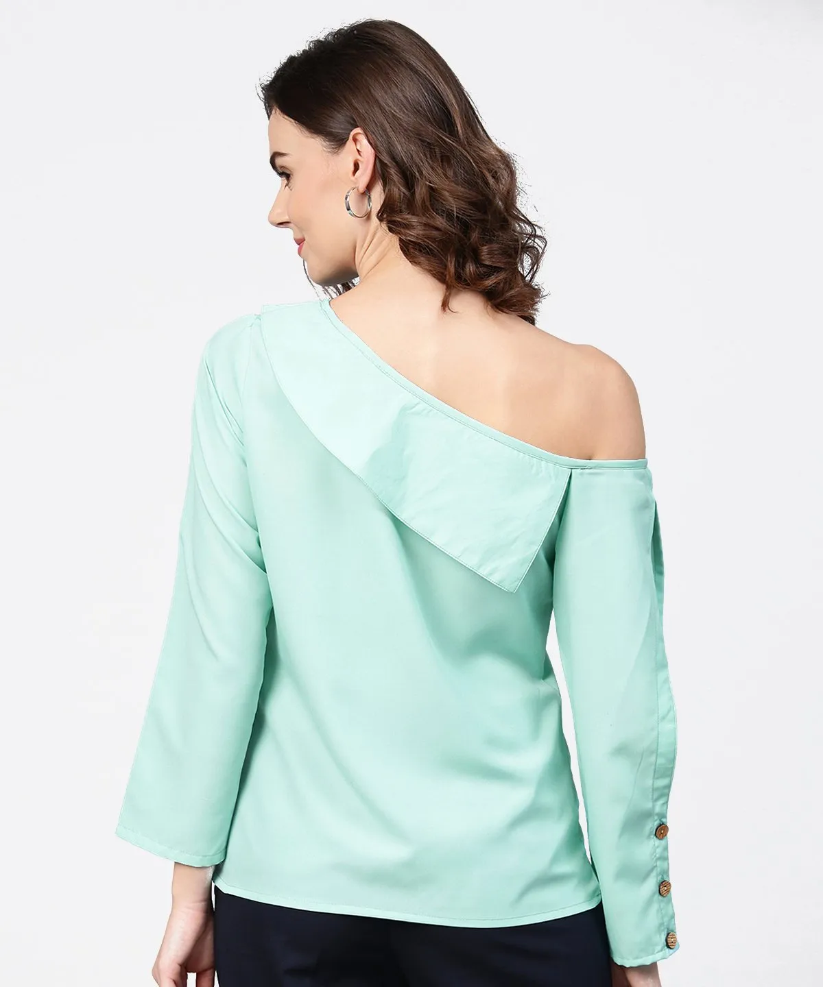 Aqua Blue Full Sleeve One Side Shoulder Tops