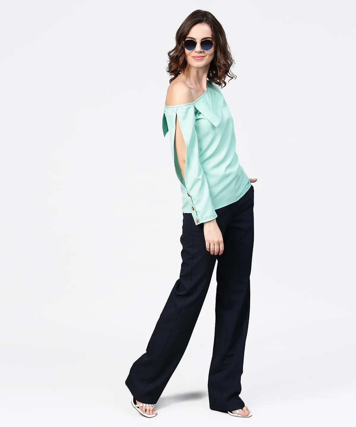 Aqua Blue Full Sleeve One Side Shoulder Tops