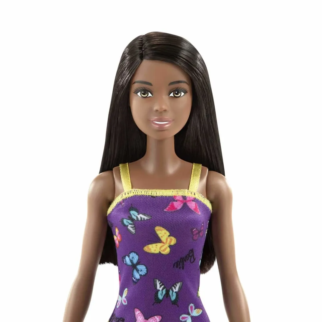 Barbie Doll with Dark Brown Hair, Butterfly Print Purple and Yellow Dress & Heels