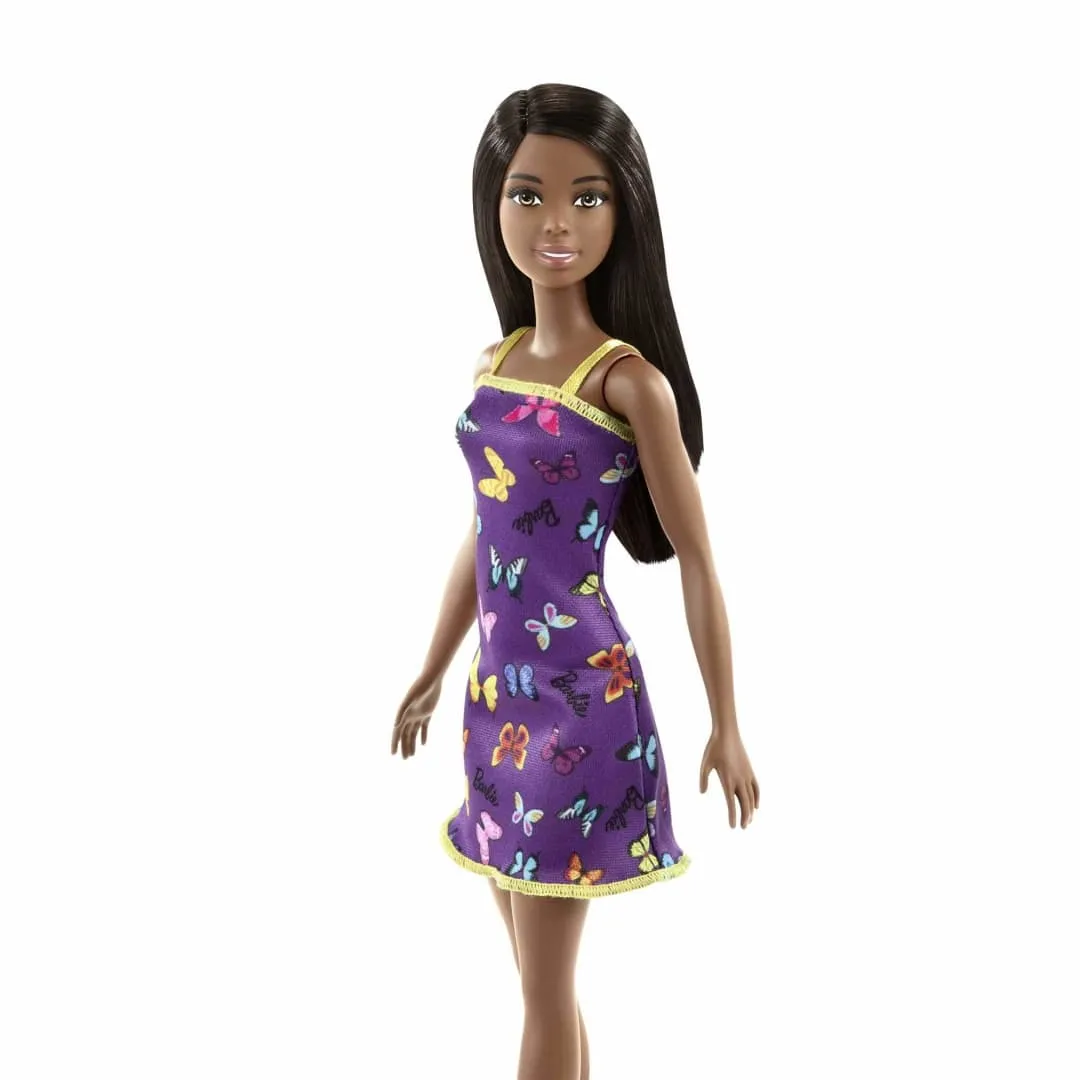 Barbie Doll with Dark Brown Hair, Butterfly Print Purple and Yellow Dress & Heels