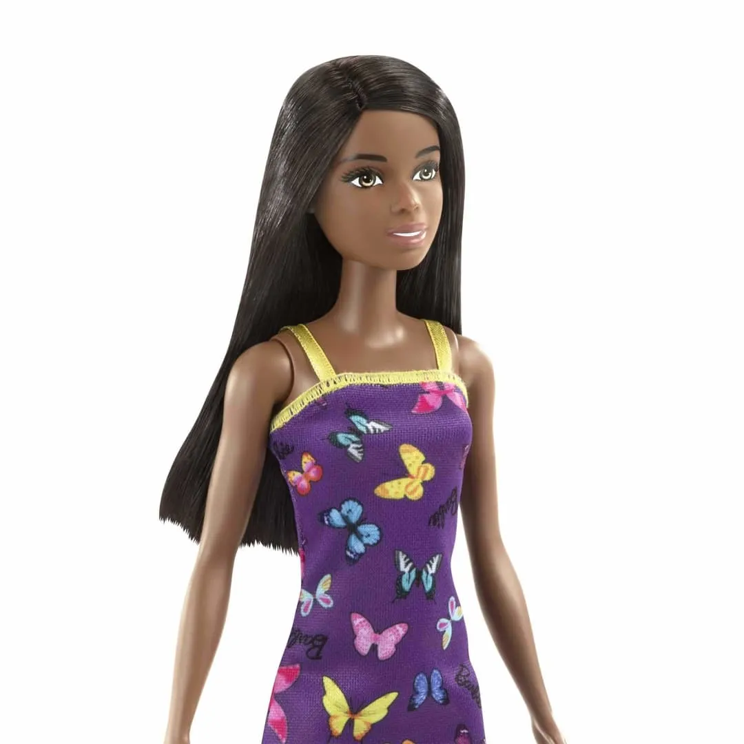 Barbie Doll with Dark Brown Hair, Butterfly Print Purple and Yellow Dress & Heels
