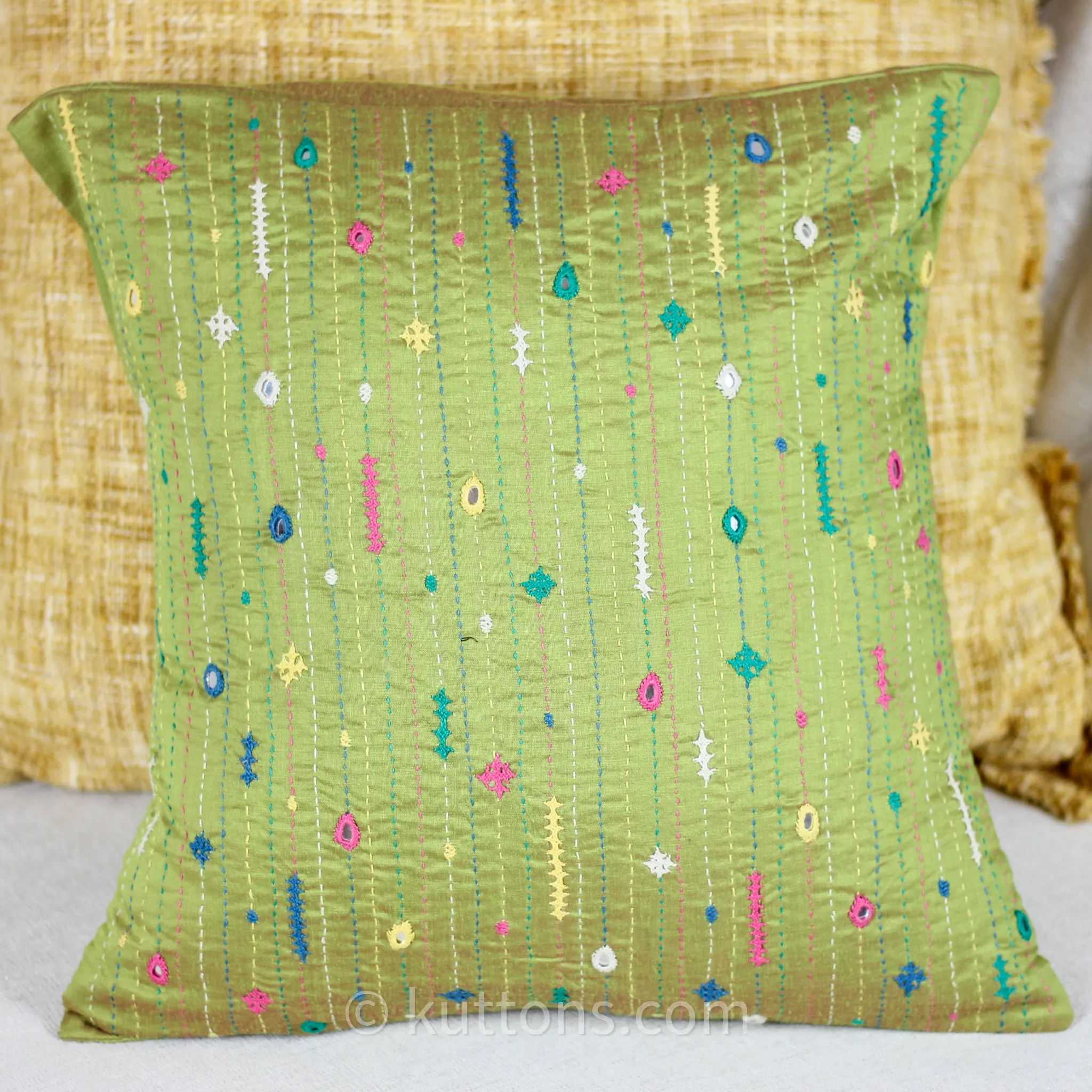 Bavaliyo Hand-Embroidered Cotton & Silk Decorative Cushion Cover - With Mirror Embroidery | Green Pillow, 16x16"