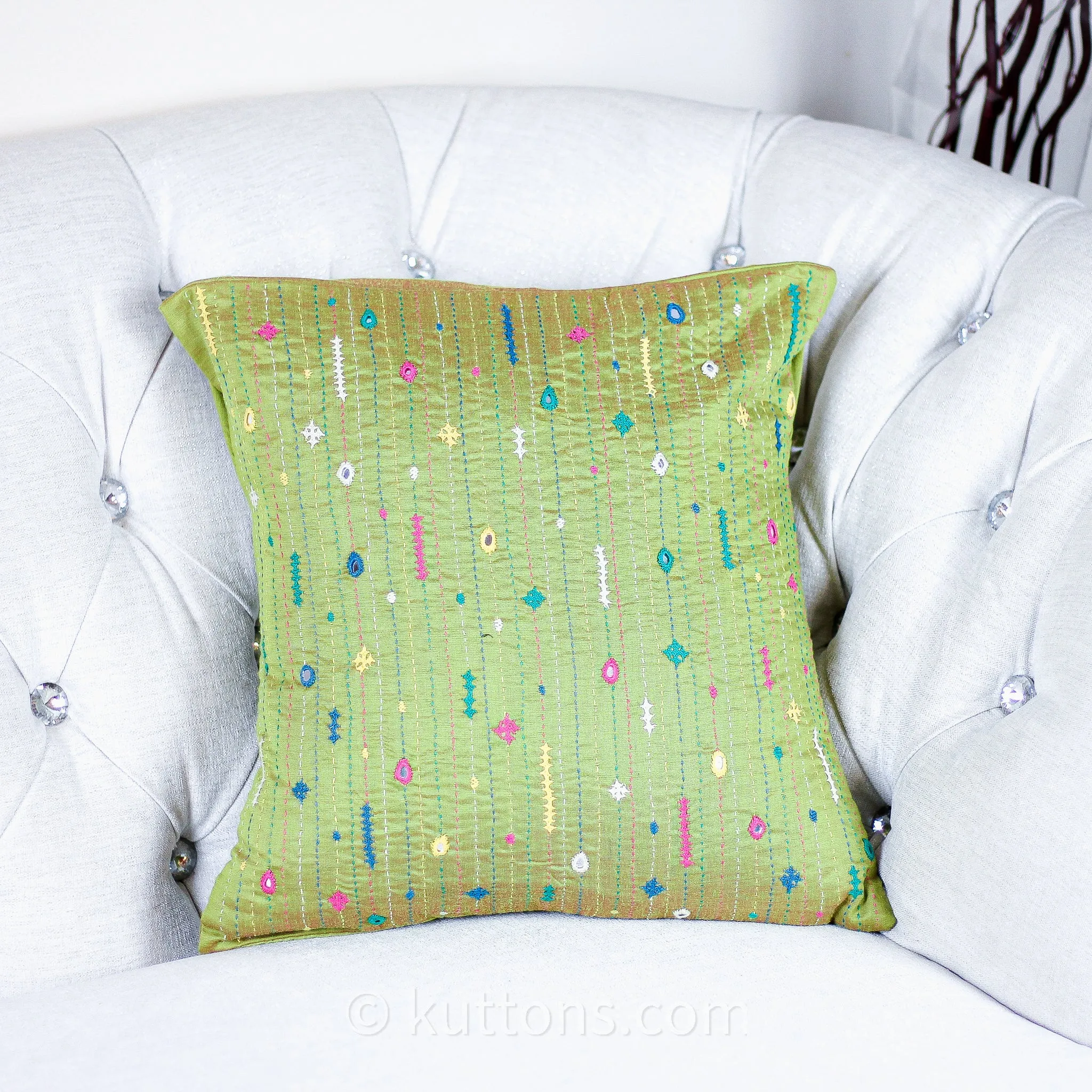 Bavaliyo Hand-Embroidered Cotton & Silk Decorative Cushion Cover - With Mirror Embroidery | Green Pillow, 16x16"