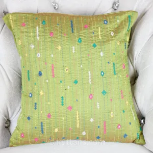 Bavaliyo Hand-Embroidered Cotton & Silk Decorative Cushion Cover - With Mirror Embroidery | Green Pillow, 16x16"