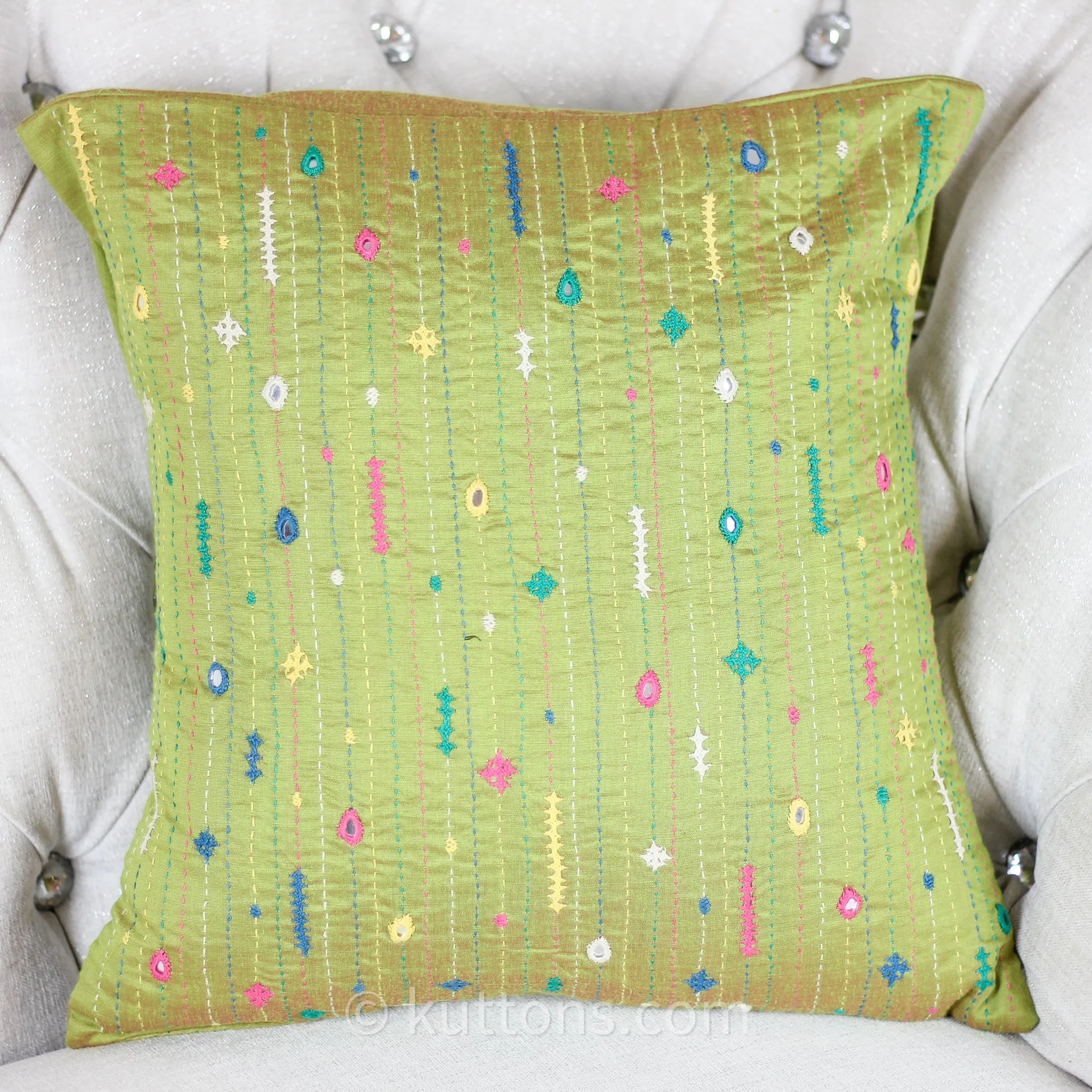 Bavaliyo Hand-Embroidered Cotton & Silk Decorative Cushion Cover - With Mirror Embroidery | Green Pillow, 16x16"