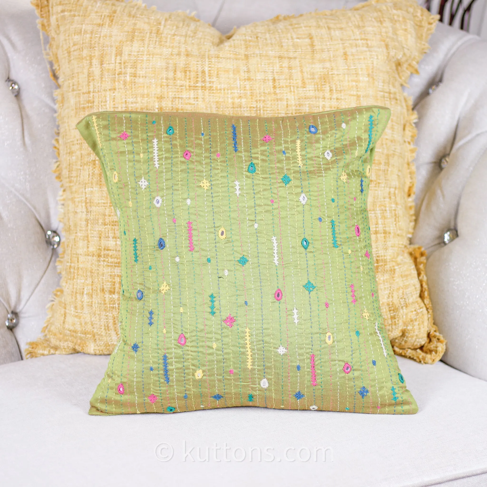 Bavaliyo Hand-Embroidered Cotton & Silk Decorative Cushion Cover - With Mirror Embroidery | Green Pillow, 16x16"