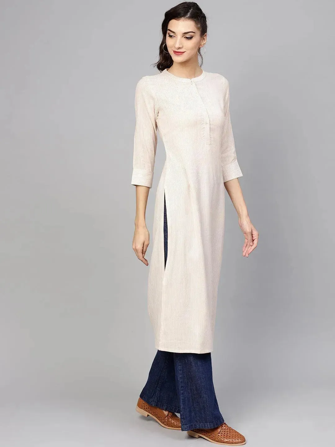 Beige Striped Rayon Kurta