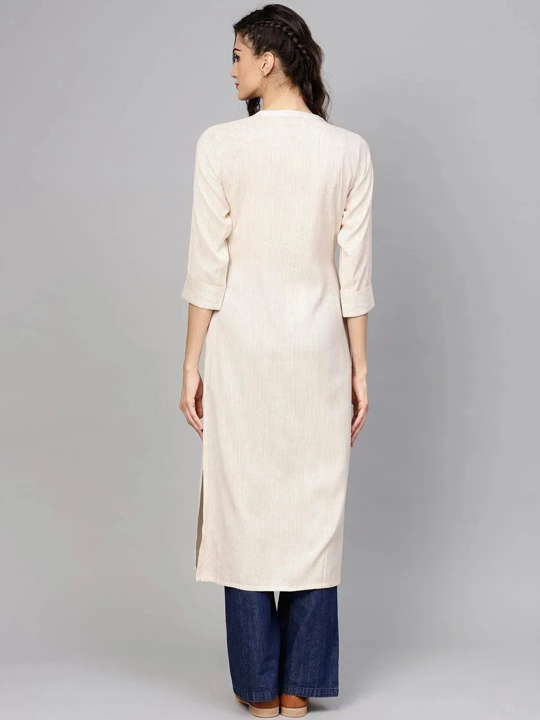 Beige Striped Rayon Kurta