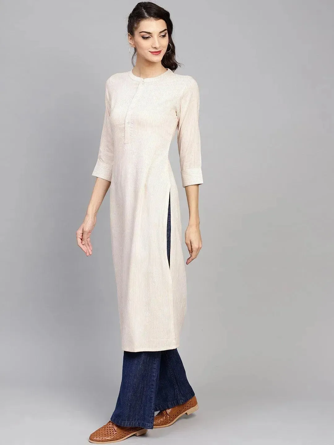 Beige Striped Rayon Kurta