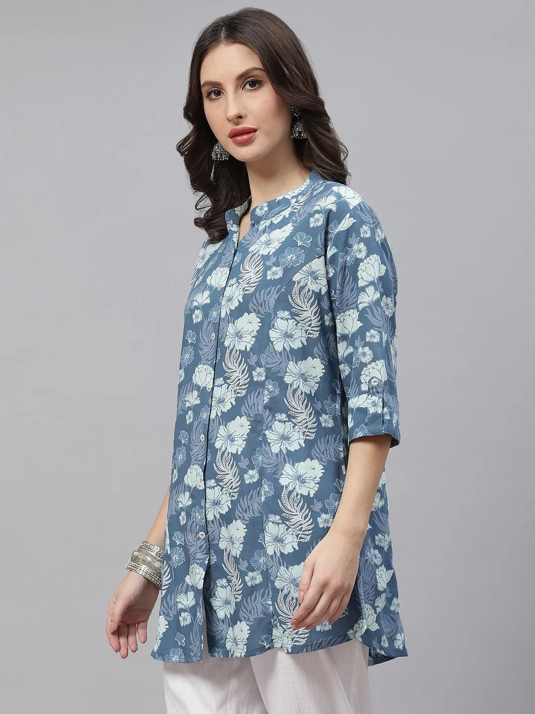 Blue Floral Rayon A-Linetop