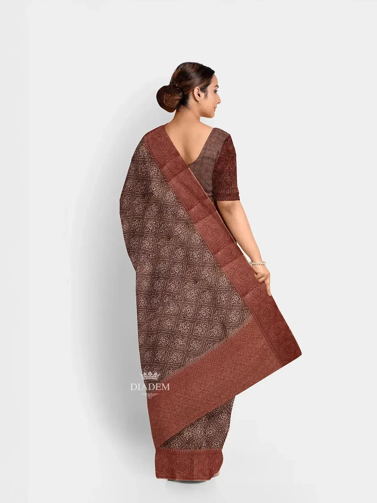 Brown Chanderi Silk Cotton Saree with Floral Prints on the body and Zari Border