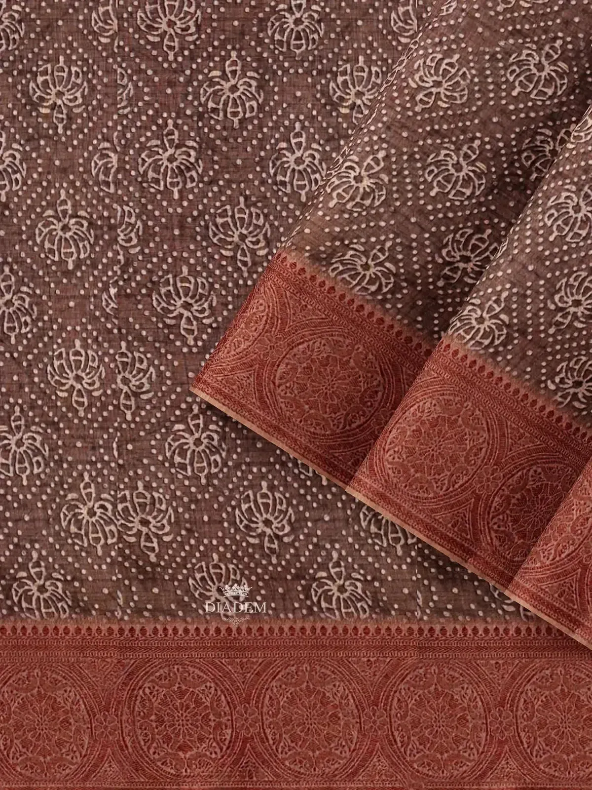 Brown Chanderi Silk Cotton Saree with Floral Prints on the body and Zari Border