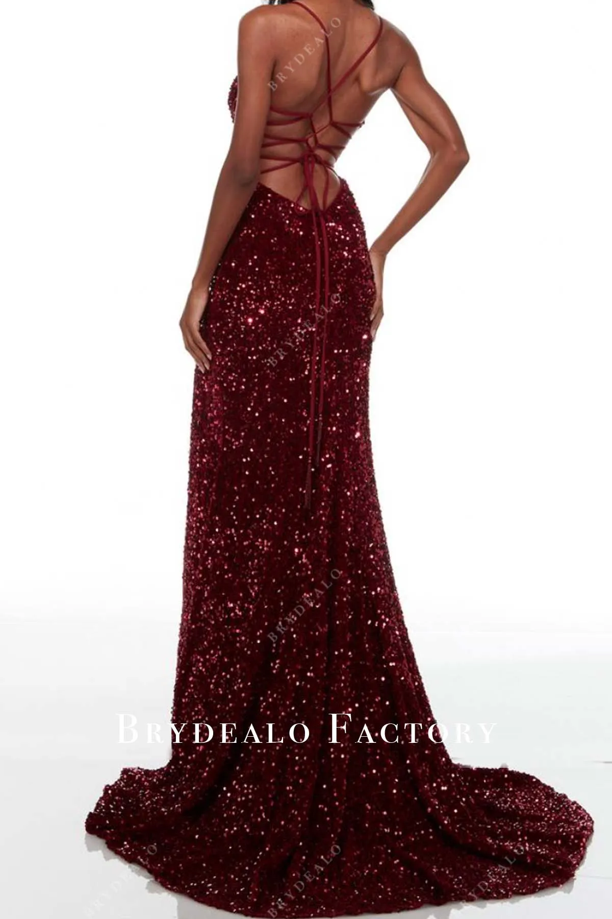 Burgundy Sequin Stretchy Spaghetti Straps Slit Mermaid Prom Dress