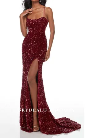 Burgundy Sequin Stretchy Spaghetti Straps Slit Mermaid Prom Dress
