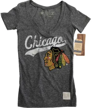 Chicago Blackhawks Retro Brand WOMENS Gray Script Logo V-Neck T-Shirt