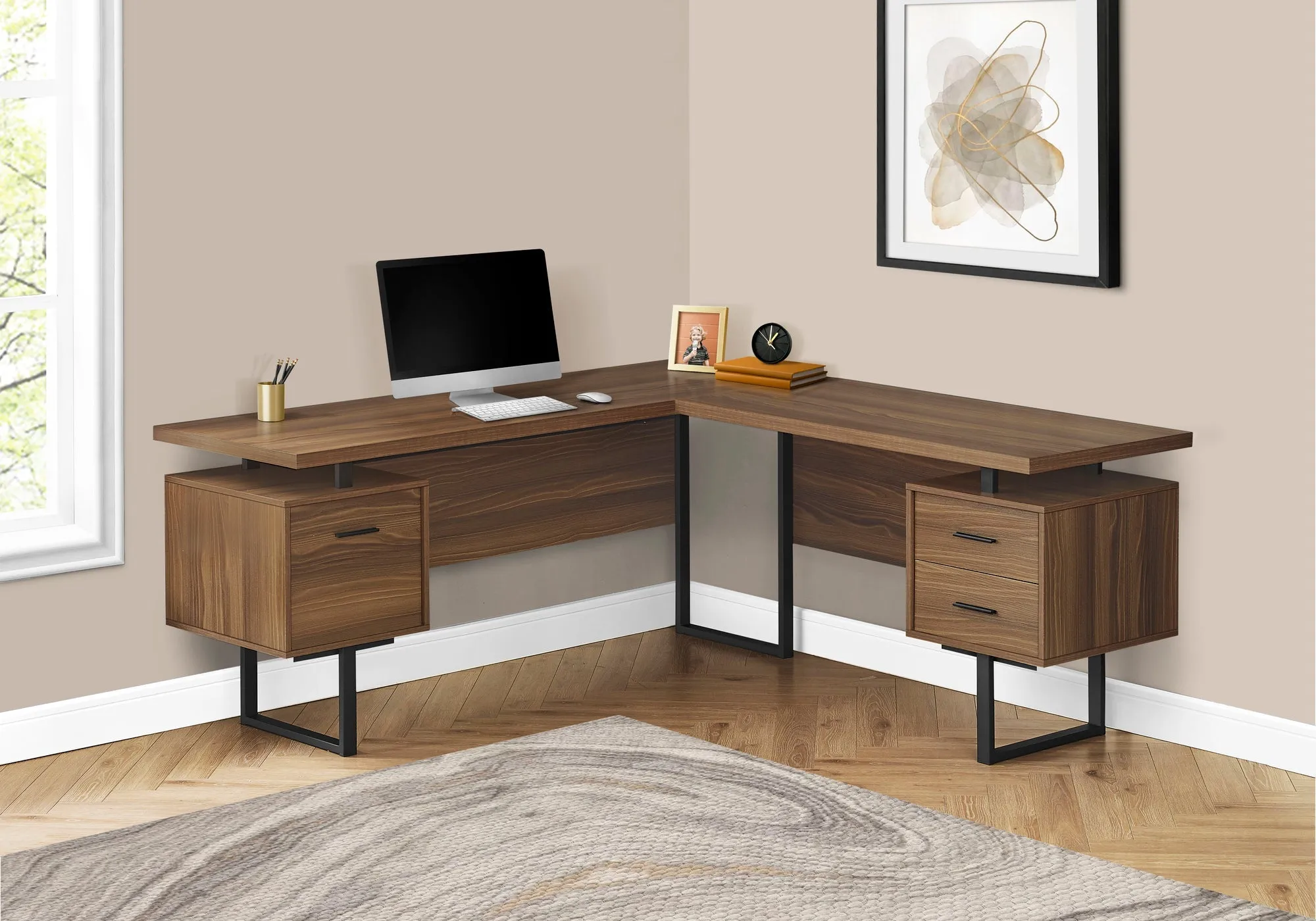 Computer Desk - 70"L / Walnut / Black Metal / L/R Face