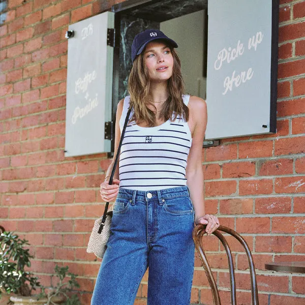 Contour Rib Scoop Tank - White   New Navy Monogram