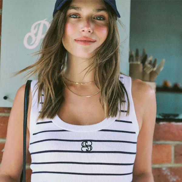 Contour Rib Scoop Tank - White   New Navy Monogram