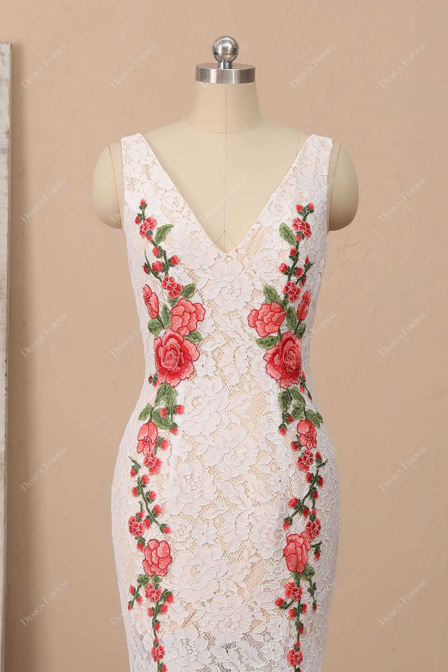 Flowers Ivory Lace Trumpet Evening Casual Bridal Dress