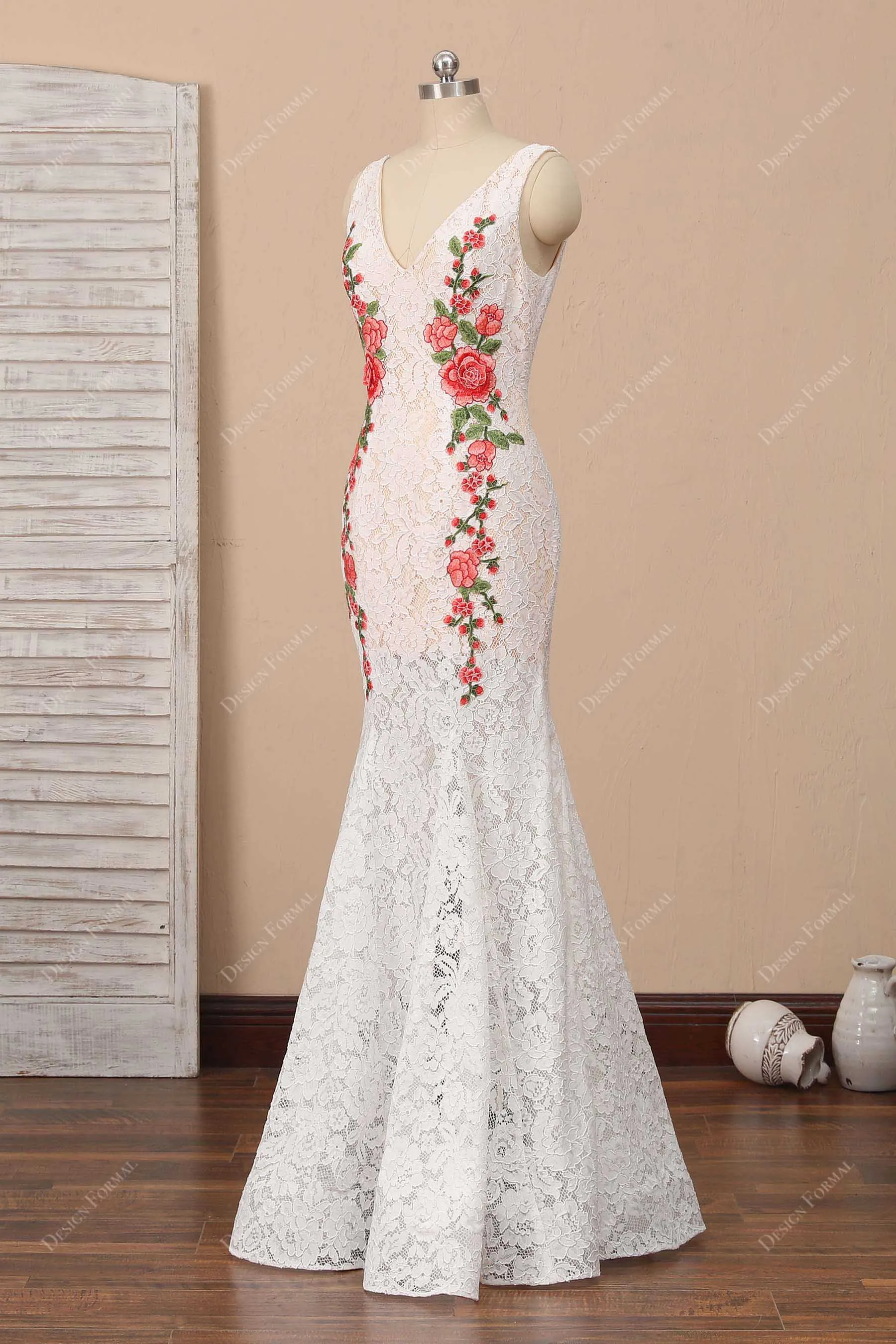 Flowers Ivory Lace Trumpet Evening Casual Bridal Dress