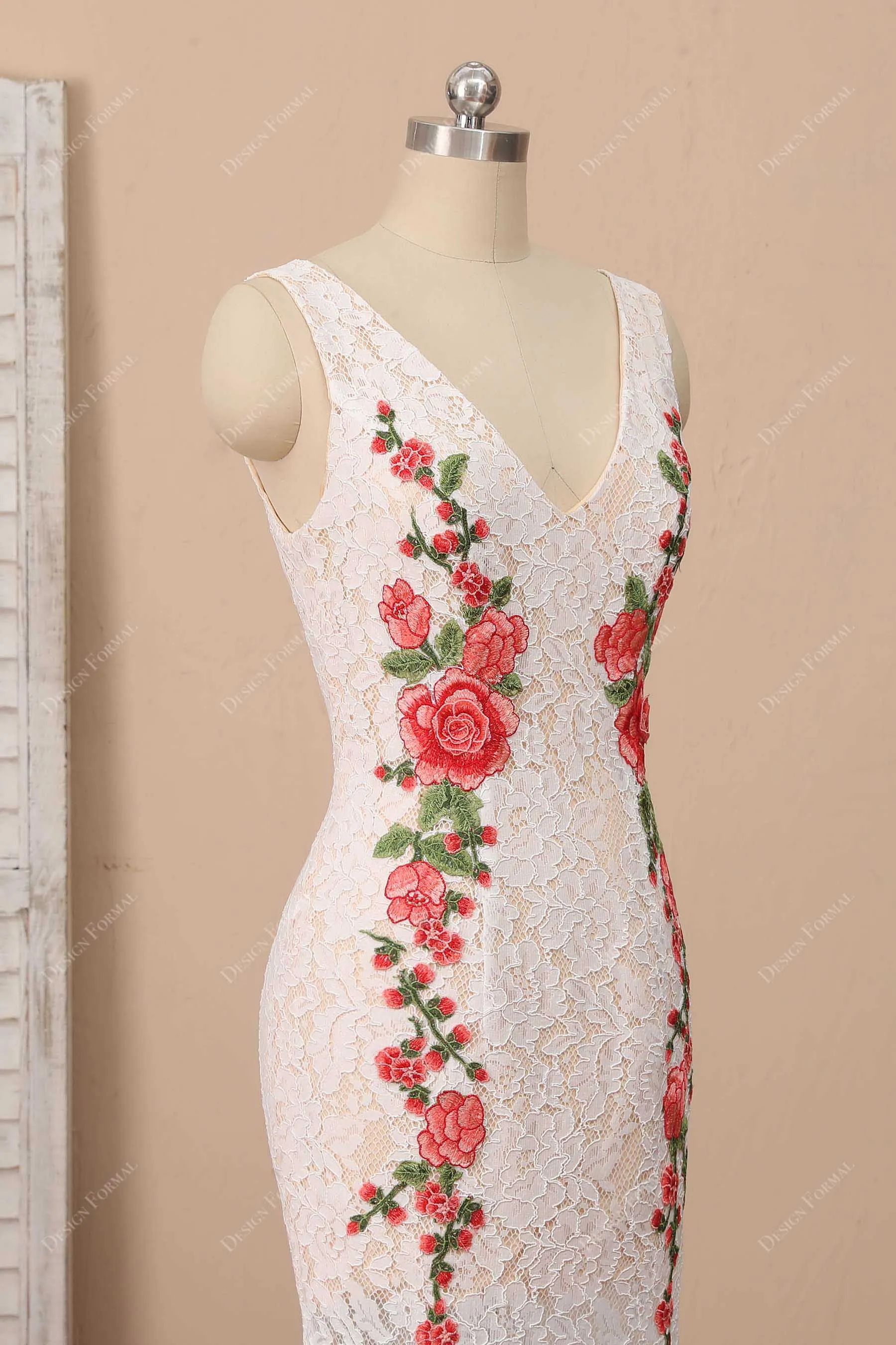 Flowers Ivory Lace Trumpet Evening Casual Bridal Dress