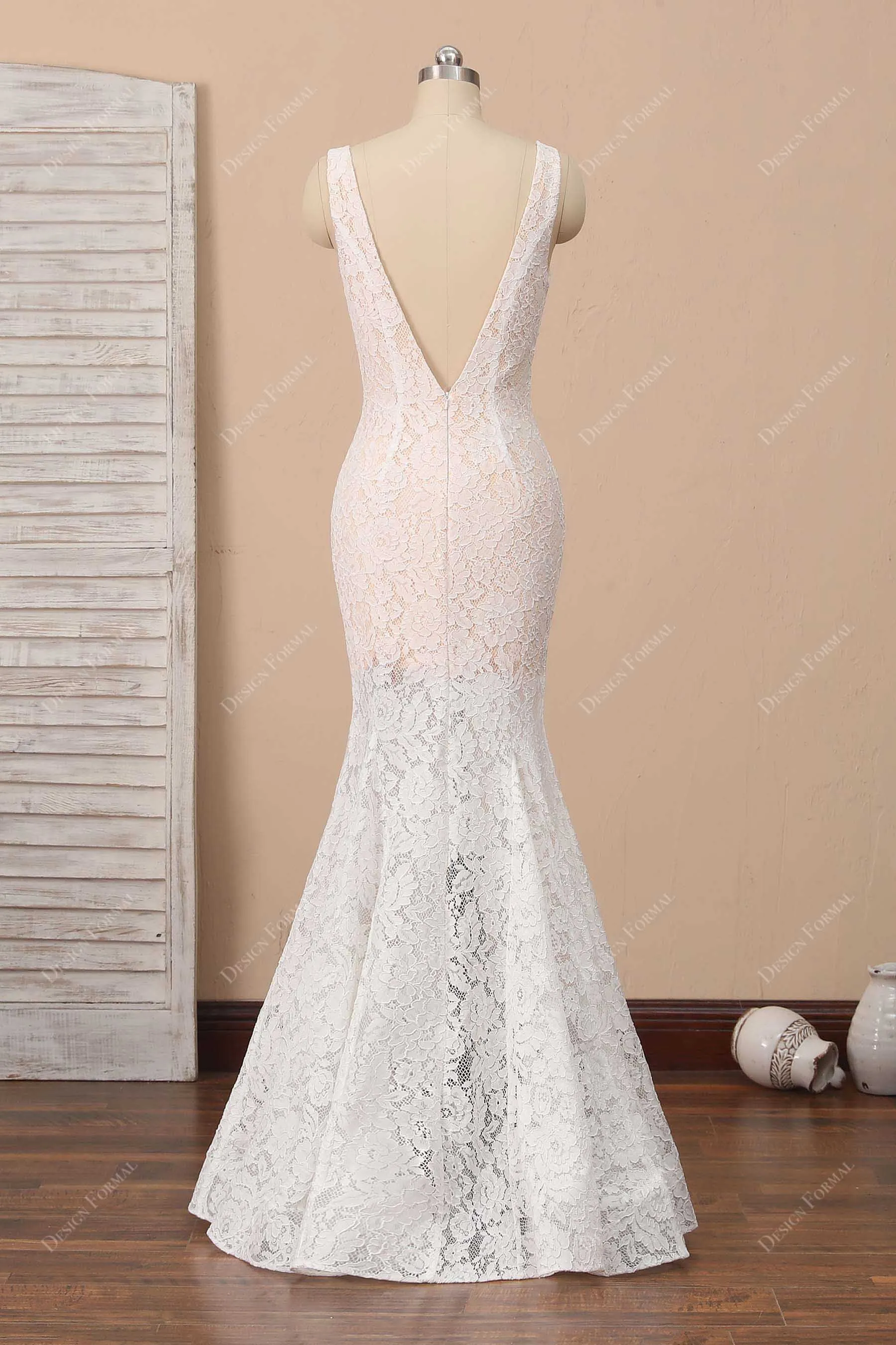 Flowers Ivory Lace Trumpet Evening Casual Bridal Dress