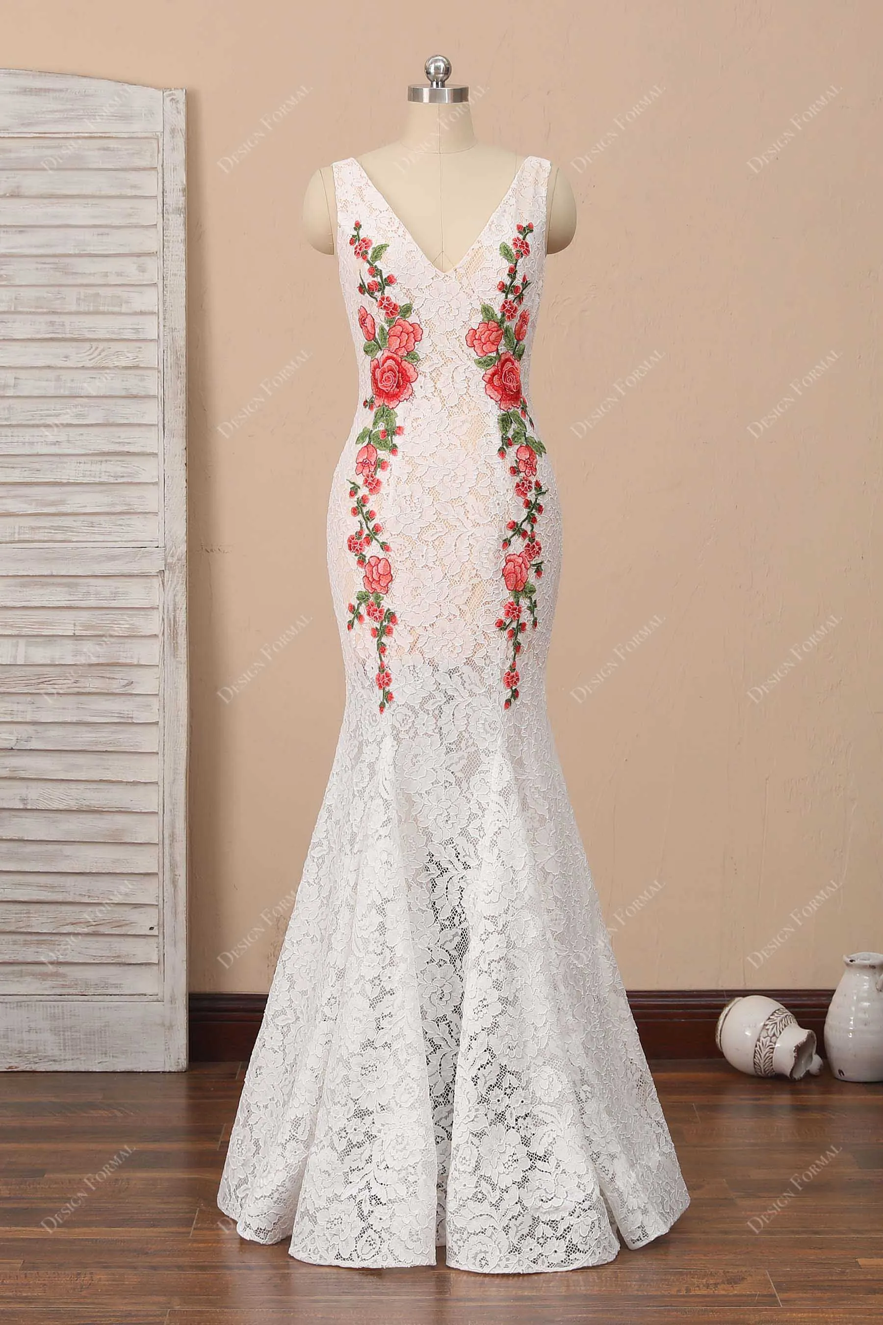 Flowers Ivory Lace Trumpet Evening Casual Bridal Dress