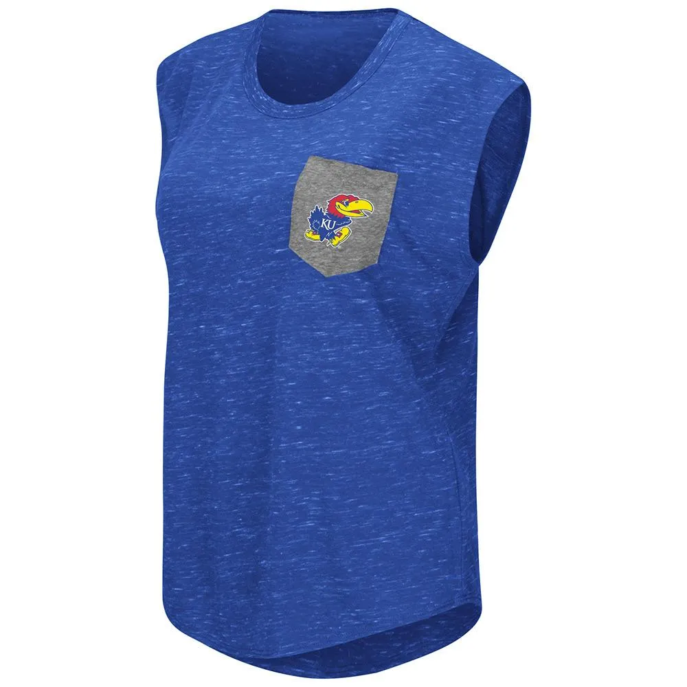 Kansas Jayhawks Colosseum WOMEN Blue Distressed Pocket Capped Sleeve T-Shirt