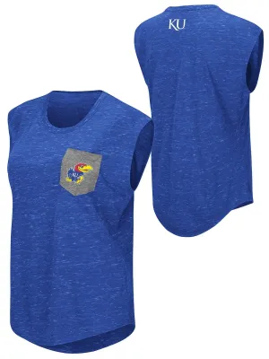 Kansas Jayhawks Colosseum WOMEN Blue Distressed Pocket Capped Sleeve T-Shirt