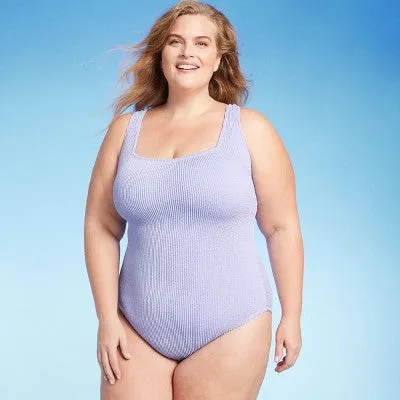New - Women's Pucker Square Neck One Piece Swimsuit - Kona Sol Lilac Purple 17