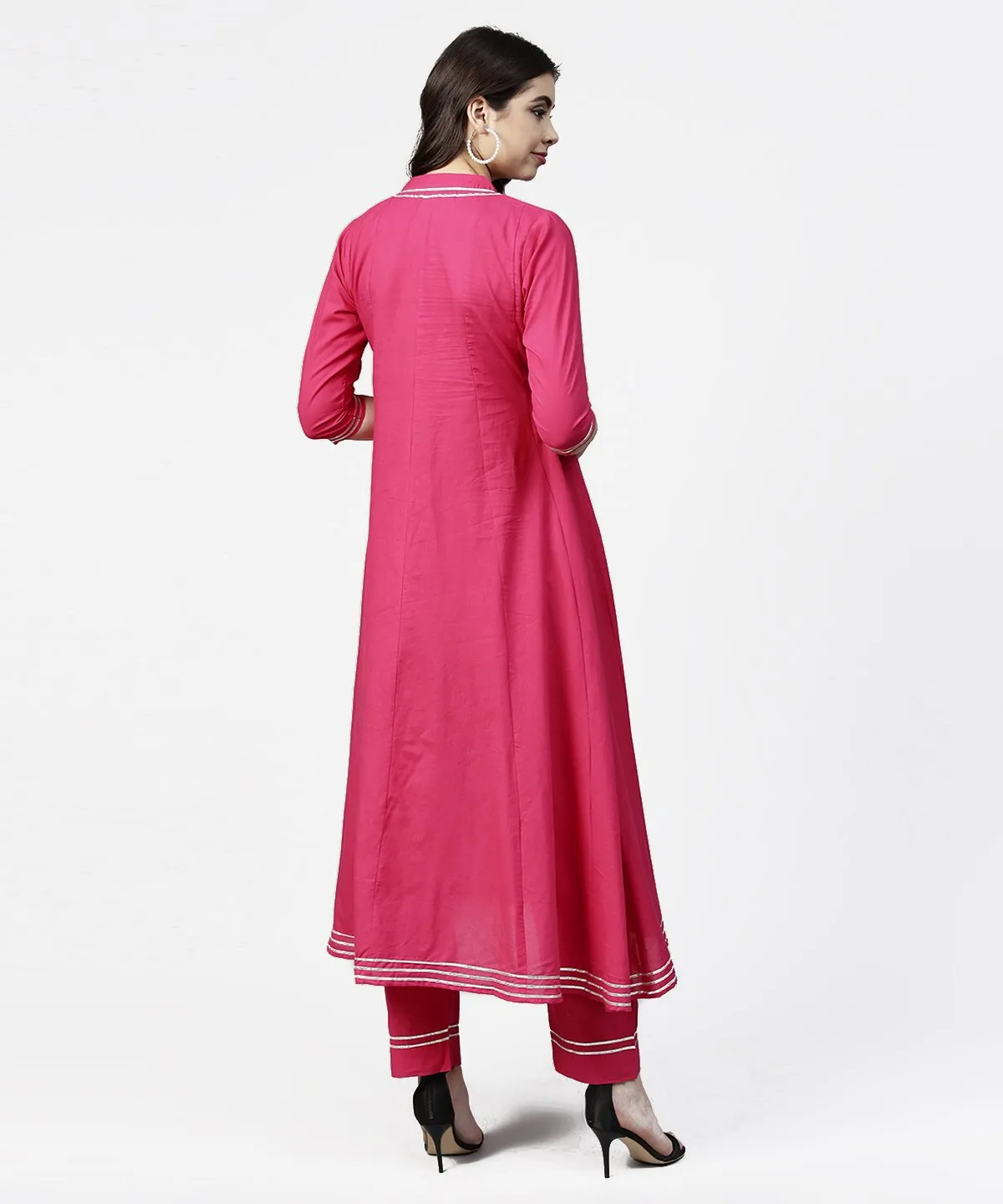 Pink 3/4Th Sleeve Cotton A-Line Kurta With Pink Palazzo
