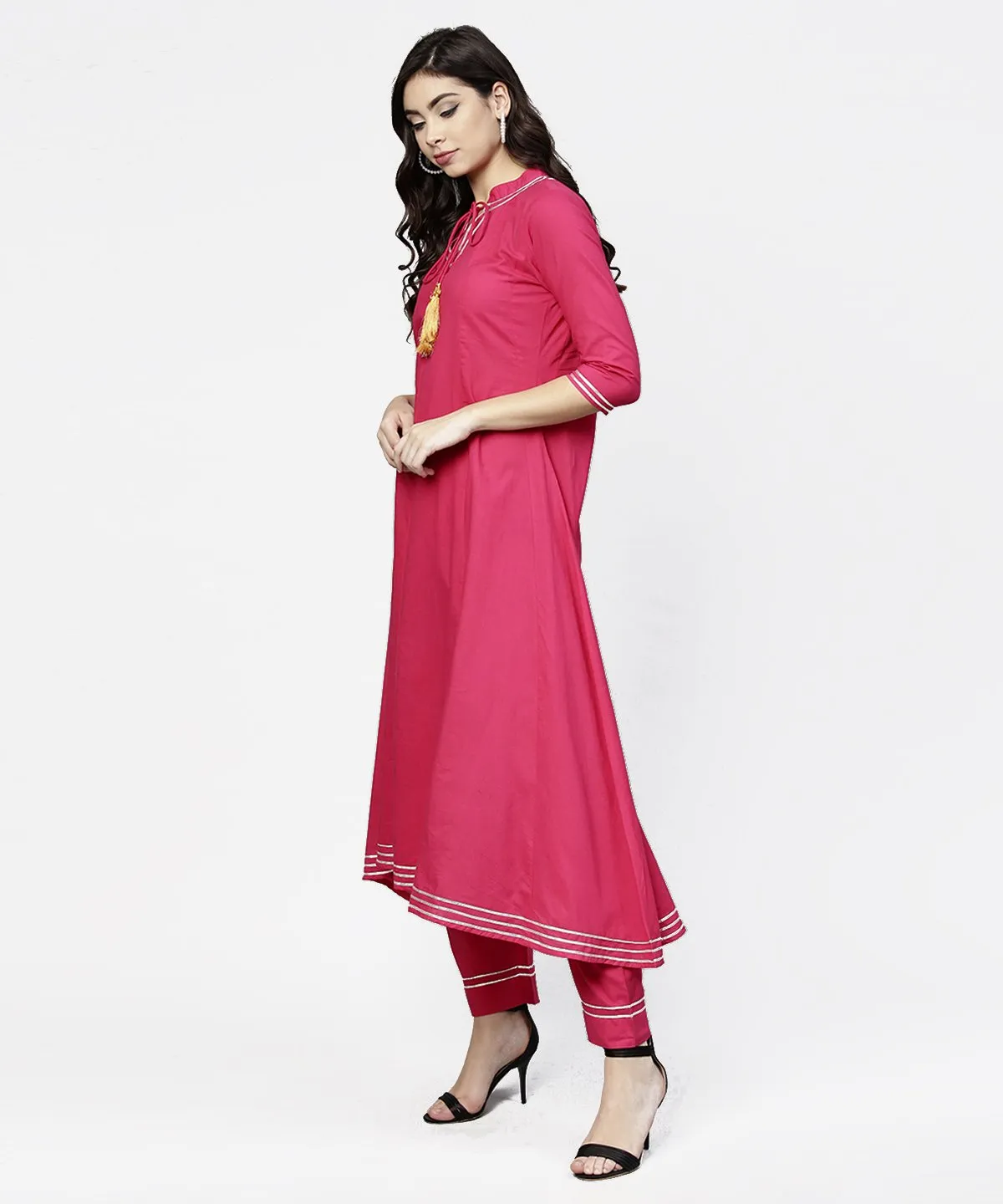 Pink 3/4Th Sleeve Cotton A-Line Kurta With Pink Palazzo
