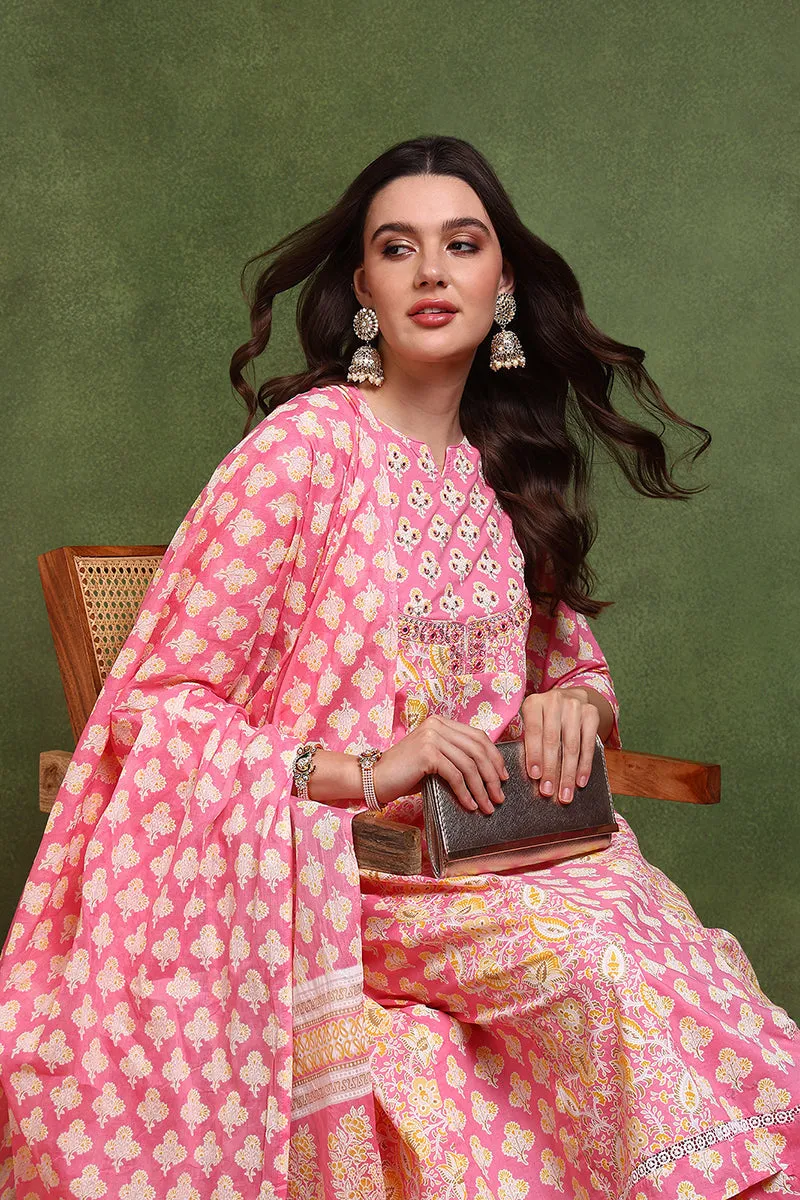 Pink Pure Cotton Ethnic Motifs Embroidered Anarkali Suit Set