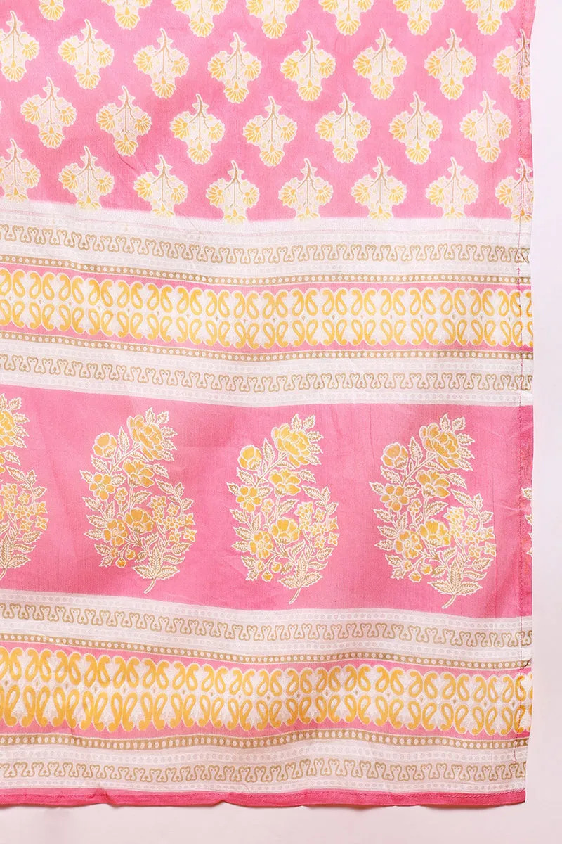 Pink Pure Cotton Ethnic Motifs Embroidered Anarkali Suit Set