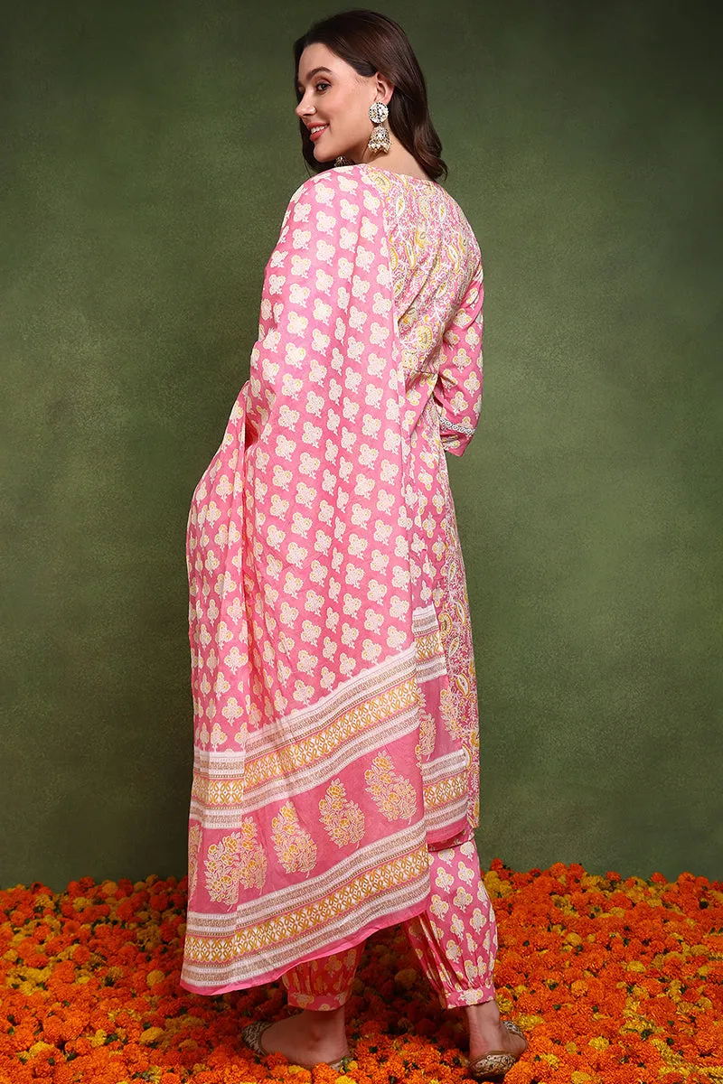Pink Pure Cotton Ethnic Motifs Embroidered Anarkali Suit Set