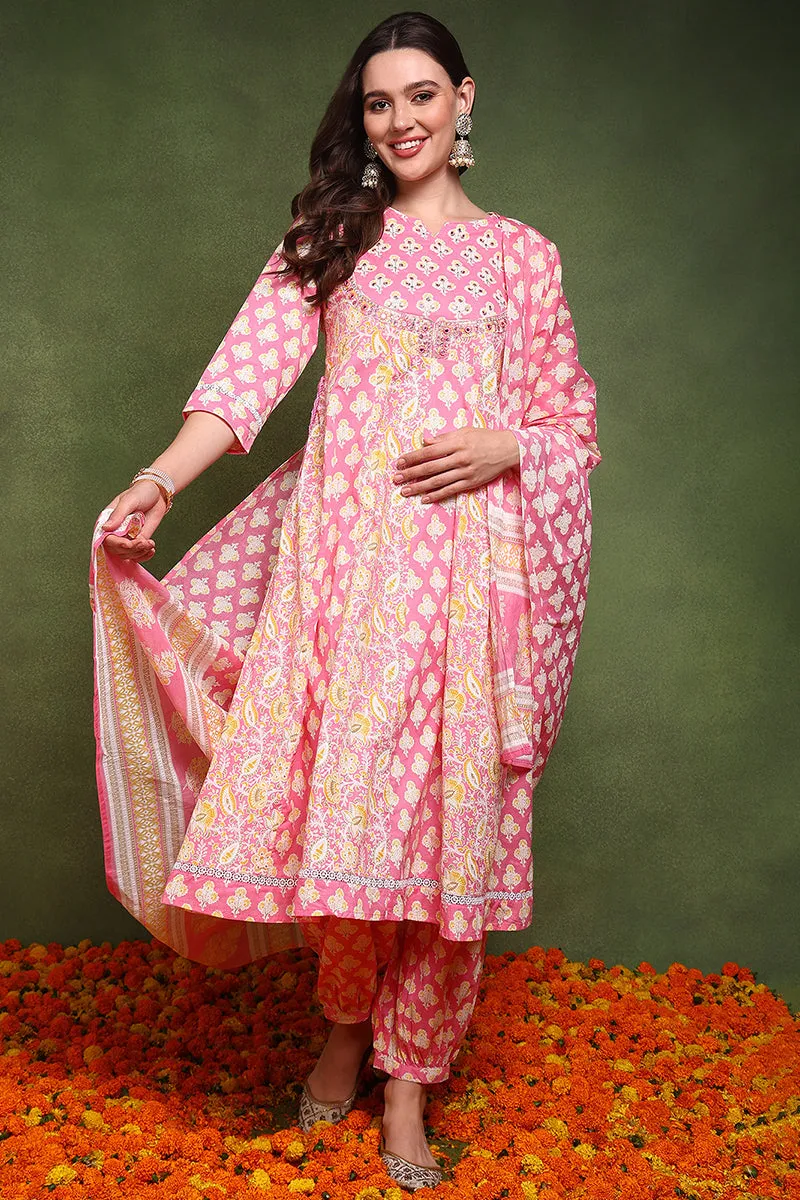 Pink Pure Cotton Ethnic Motifs Embroidered Anarkali Suit Set