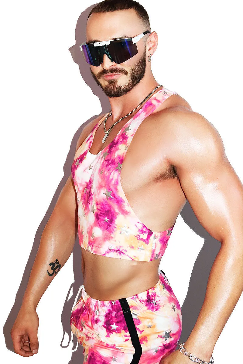 Pop Star Tye Dye Crop Racerback Tank- Pink