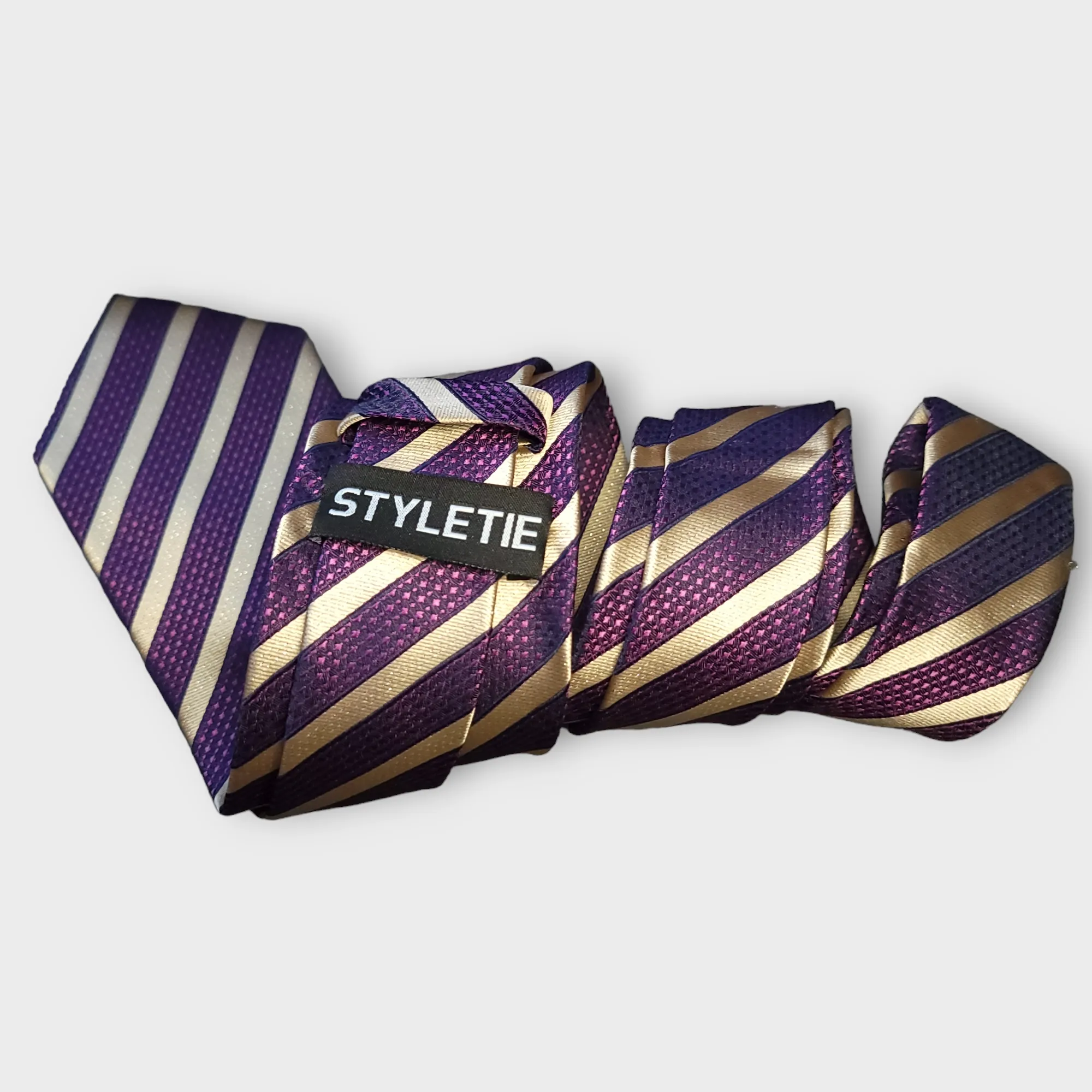 Purple Khaki Striped Silk Tie Pocket Square Cufflink Set