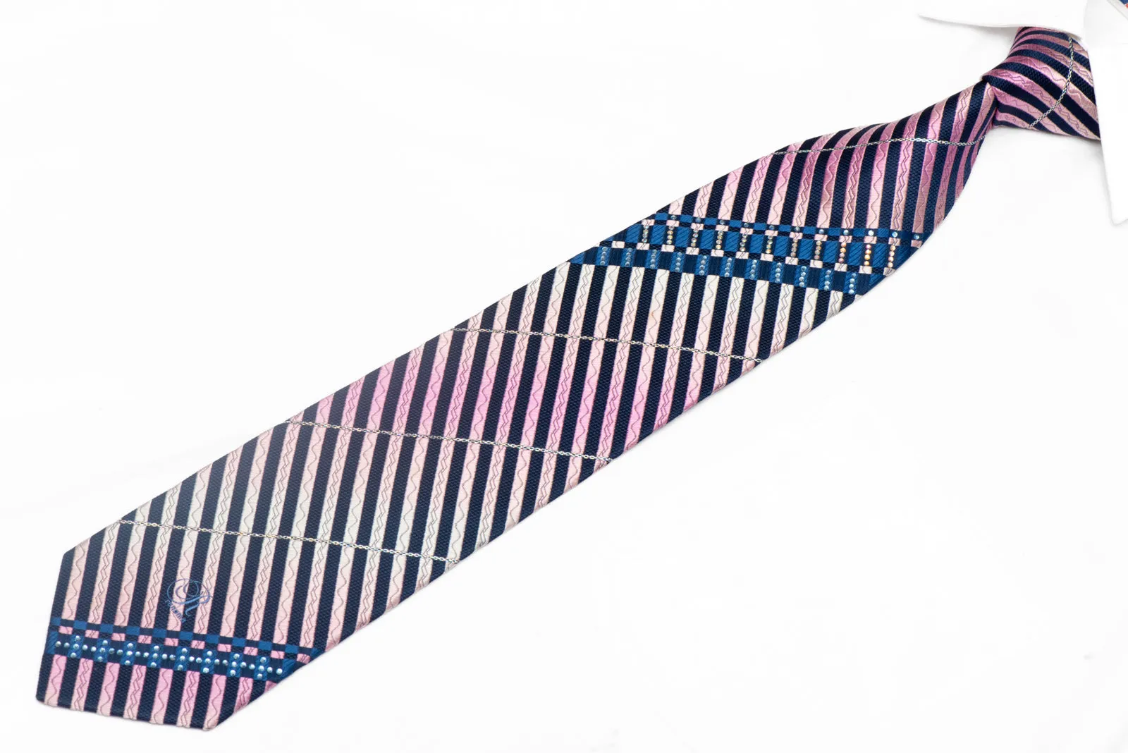 Purple Striped Rhinestone Silk Necktie On Navy Blue With Sparkles