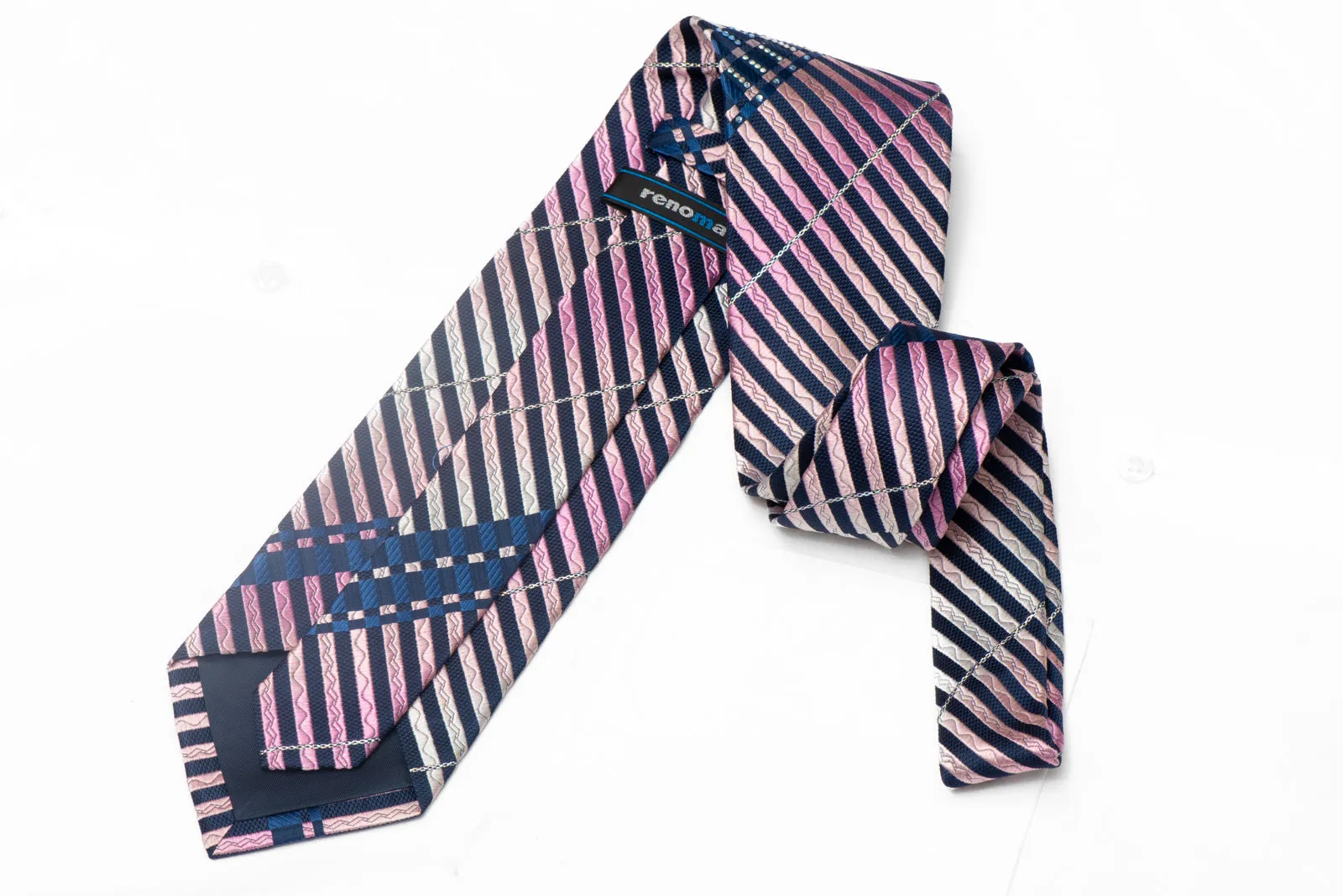 Purple Striped Rhinestone Silk Necktie On Navy Blue With Sparkles