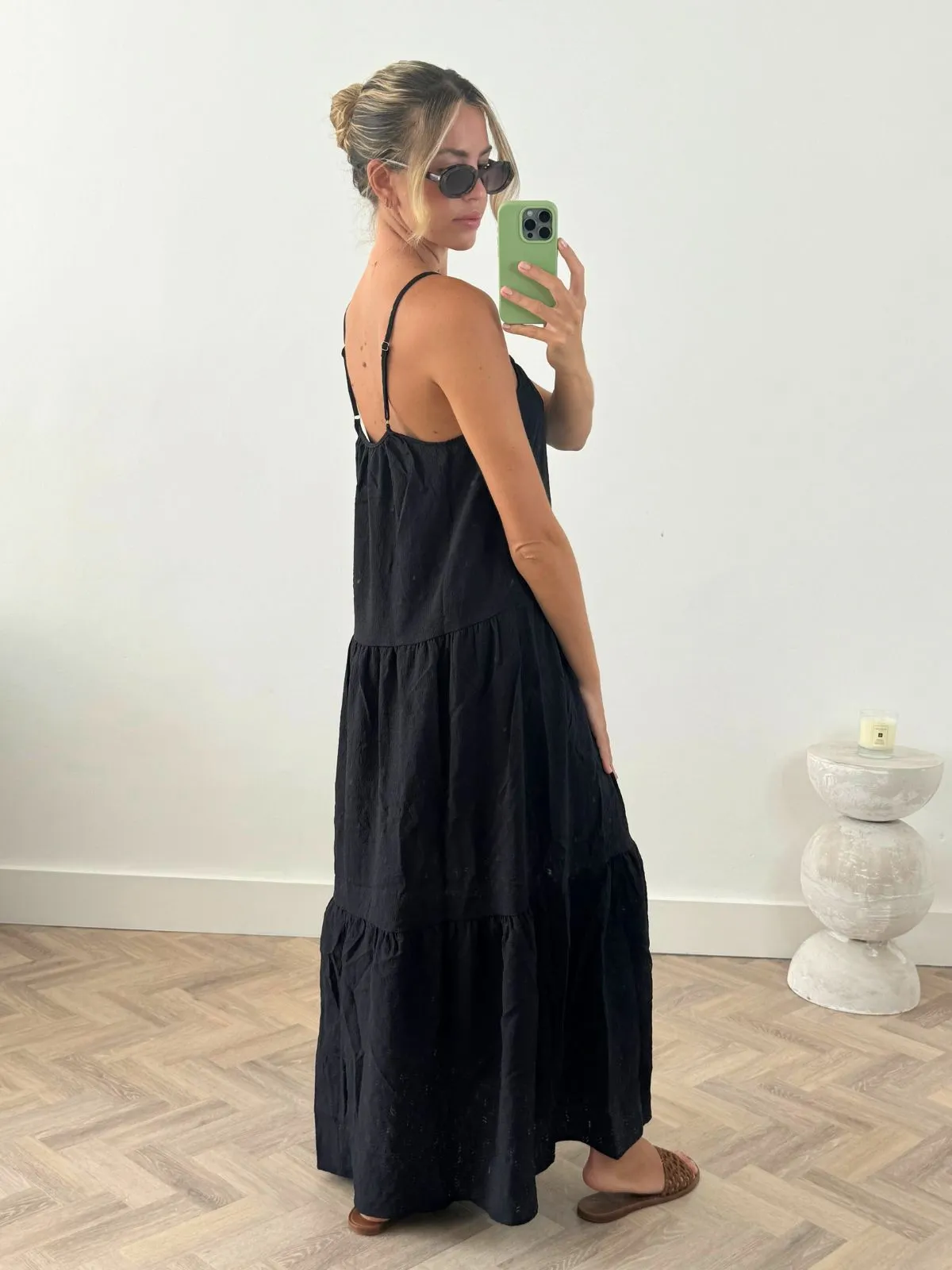 Raelyn Strappy Smocked Midi Dress in Black