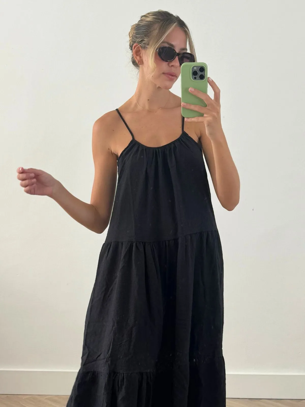 Raelyn Strappy Smocked Midi Dress in Black