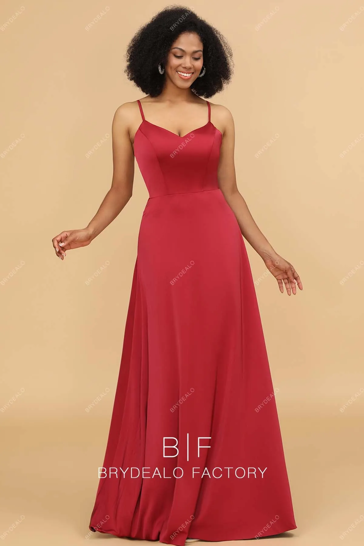 Red Charmeuse Simple Spaghetti Straps Long Dress