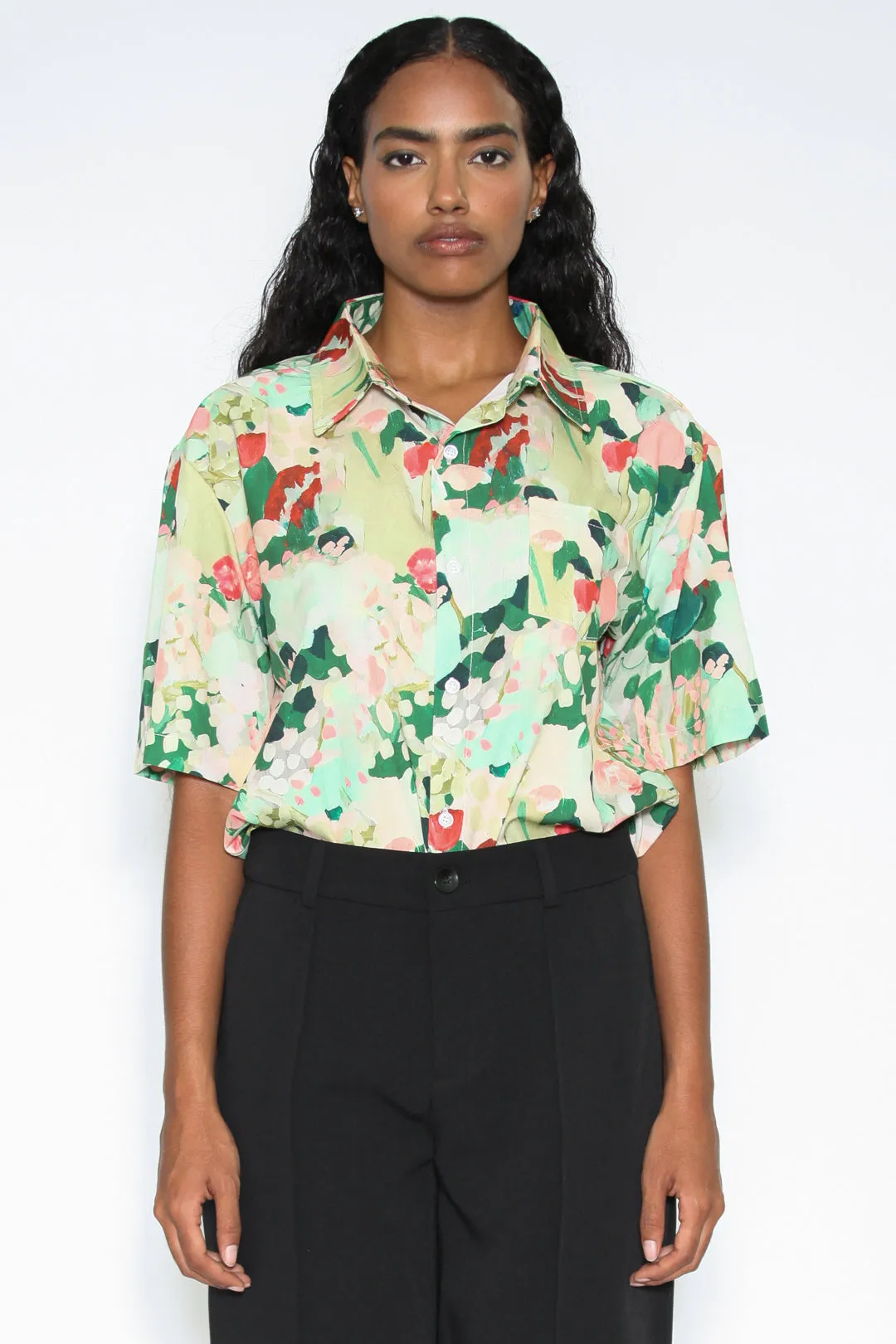 Silk Abstract Pattern Button Down Top