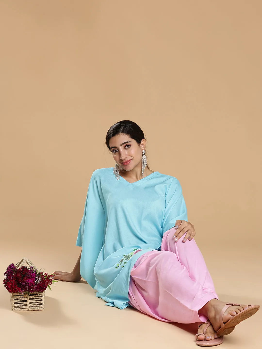 SkyBlue Rayon KaftanKurta - SereneDelight