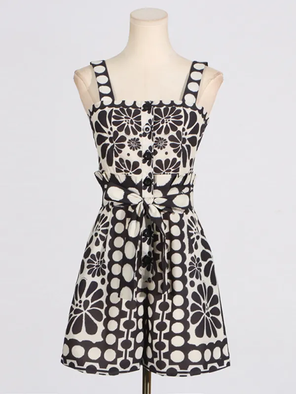 TEEK - Design Printed Lace-Up Waist Slimming Sleeveless Romper