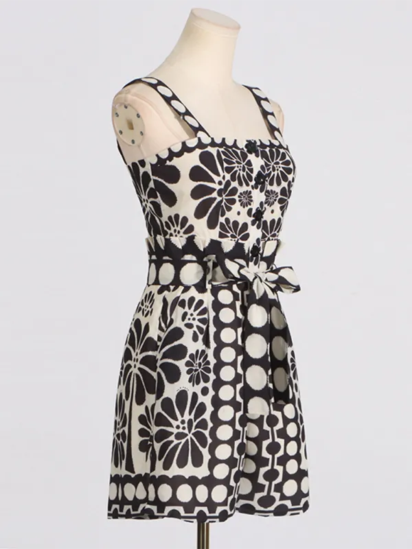 TEEK - Design Printed Lace-Up Waist Slimming Sleeveless Romper