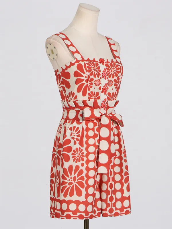 TEEK - Design Printed Lace-Up Waist Slimming Sleeveless Romper